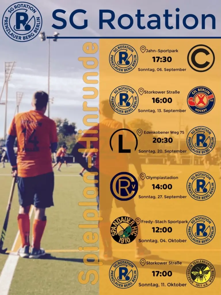 Hallo liebe Follower. Wir melden uns mit einem Service-Post. Die neue Saison steht vor der Tür und wir wollen euch natürlich die Planung erleichtern. Die Hinrunde beginnt am Sonntag nach der Berlin Hockey Trophy - das Rotation-Turnier für die u10 und u8 Bereiche. Vorbeischauen lohnt sich!
Da bekommen wir es mit dem SCC zu tun. Mir neuem Trainer, neuer Ausrichtung und neuem Elan wollen wir Spaß und Erfolg versprühen. Folgt uns auf unserem Weg. Wir freuen uns auf Euch! Eure 1. Herren