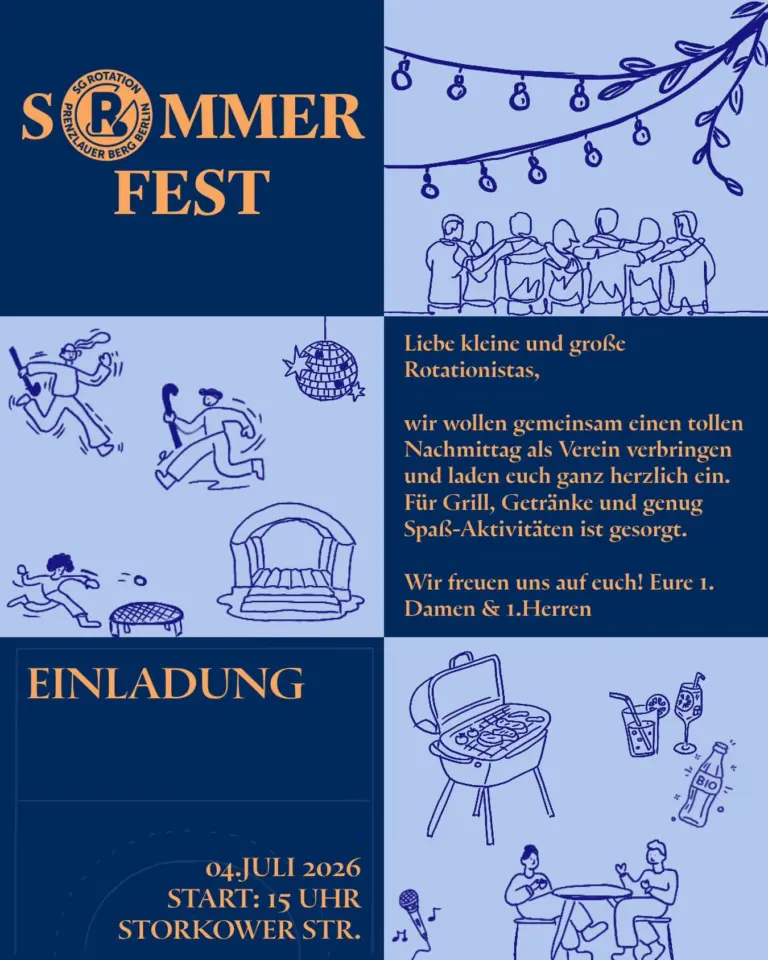 🧡💙 Liebe kleine & große Rotationistas, 

das Rotations-Sommerfest steht vor der Tür. Wir wollen einen schönen Nachmittag mit euch verbringen. Von Grillgut, Getränken & Merch, über Karaoke, Hüpfburg & Spikeball bis hin zu Hockeyaction ist für alles gesorgt. Es ist eine tolle Gelegenheit nochmal vor der Sommerpause zusammenzukommen und die Saison zu feiern. Kommt alle vorbei ✨

Wir freuen uns auf euch
GaLieGrü eure 1.Damen & 1.Herren 🧡💙