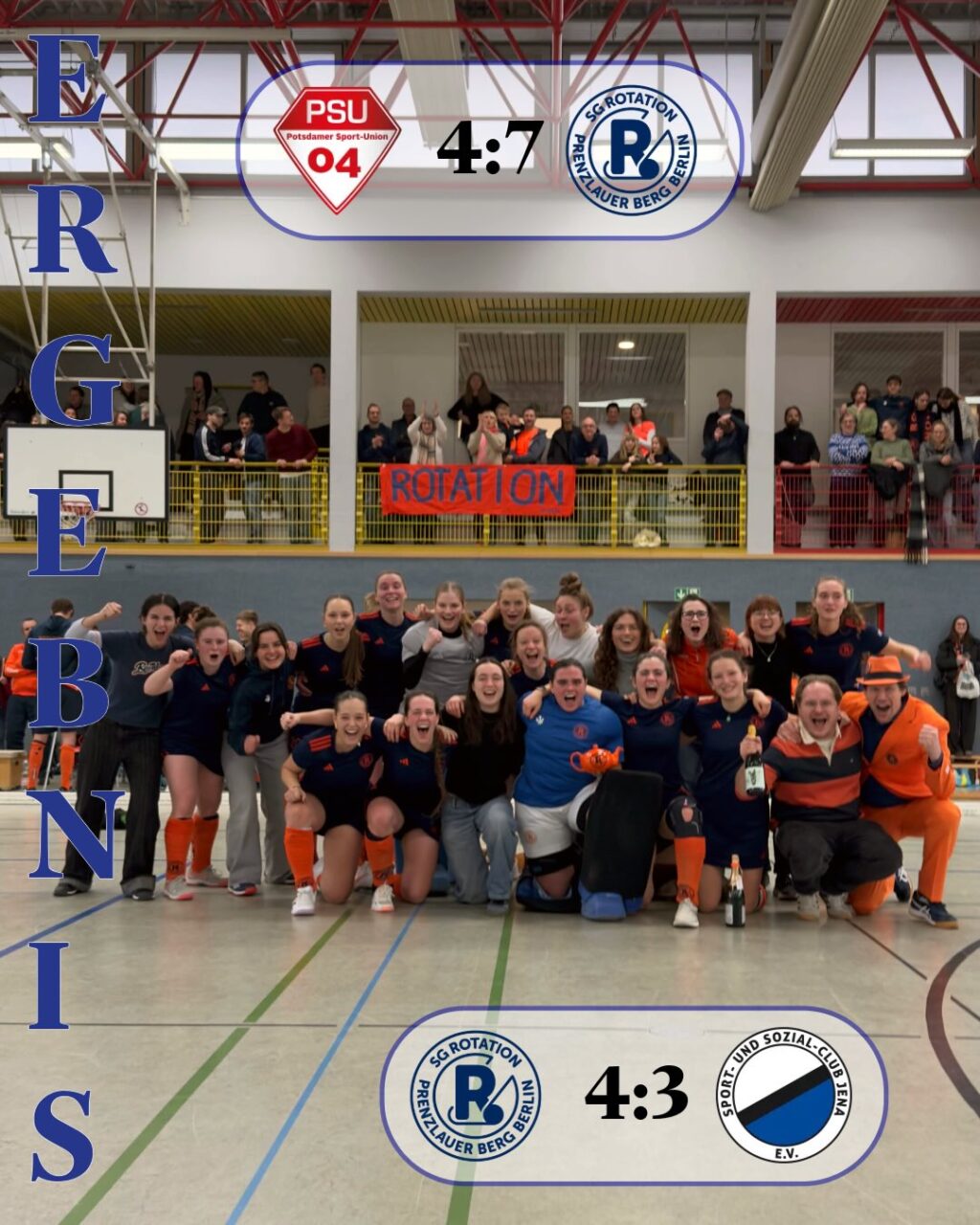 Matchday #8 | #9

Wir steigen auf! ✨

Wir gewinnen am letzten Wochenende beide Spiele, holen uns 6 Punkte und sichern uns bereits eine Woche vor Saisonende den ersten Platz!!! 

Am Freitag Abend ging es mit der SBahn nach Potsdam gegen die direkten Tabellennachbarn PSU. Wie so oft klingelt es erstmal in unserem Tor und so steht es nach wenigen Minuten bereits 1:2 gegen. Ab dem zweiten Viertel drehen wir aber auf & können durch gutes Kontakten bis in den Kreis unsere Chancen nutzen. Am Ende steht es 4:7 für uns und der Aufstieg wird immer realistischer. 

Damit hieß es : Sonntag können wir es klar machen. Genau das war der Plan. Top motiviert ist bereits vor Anpfiff die Halle voll. Mit dem Ziel vor Augen liefern wir auch hier ein gutes Spiel ab und können uns gegen die Damen aus Jena durchsetzen. Am Ende steht es 4:3 für uns und die Freude war riesig! 
Auch ihr habt uns den Tag unvergesslich werden lassen. Danke für so eine Hammer Kulisse 🧡💙

Jetzt steht noch ein Spiel an. Nächsten Sonntag ein letztes Mal alles reinhauen und dann wird gefeiert! ✨

#rollerollerotation #rotationhockey